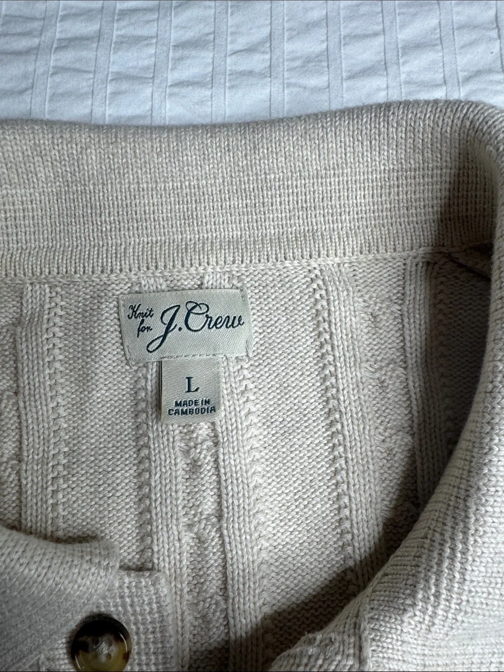 J. Crew Men's Cream Cable Knit Polo-Style Button Cardigan Size L - 100% Cotton